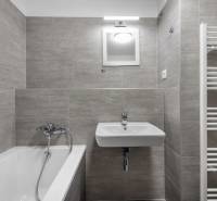 Koupelna 2pokojového bytu s vanou, umyvadlem a žebříkovým radiátorem.