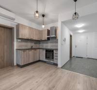 Kuchyně 2pokojového bytu s podlahou s dřevěným dekorem a vestavěnými světly.