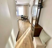 Světlý interiér s jídelním stolem a podlahou s dřevěným dekorem v 1-pokojovém bytě.