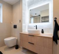 Koupelna v 3-pokojovém bytě s umyvadlem, zrcadlem a závěsným WC.