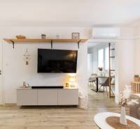 Obývací pokoj v 2-pokojovém bytě s televizí, podlaha s dřevěným dekorem.