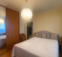 Ložnice v 3-pokojovém bytě se skříní, postelí a podlahou s dřevěným dekorem.