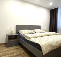 Ložnice s postelí, nočním stolkem a podlahou s dřevěným dekorem ve 3-pokojovém bytě.