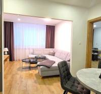 Obývací pokoj 3pokojového bytu s pohovkou, stolkem a podlahou s dřevěným dekorem.