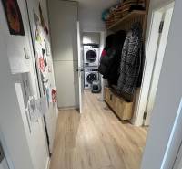 Úzká chodba se skříněmi a podlahou s dřevěným dekorem ve 4-pokojovém bytě.