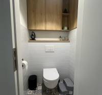 Koupelna ve 4-pokojovém bytě s barevnou dlažbou a dřevěnými skříňkami na stěnách.