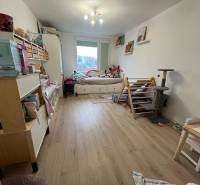 Dětský pokoj ve 4-pokojovém bytě s podlahou s dřevěným dekorem, hračkami a postelí.