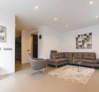 Obývací pokoj v 2pokojovém bytě s pohovkou, křeslem, kobercem a obrazy na stěně.