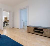 Obývací pokoj 3pokojového bytu s modrou sedačkou a podlahou s dřevěným dekorem.