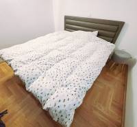 Rekreační apartmán s postelí, dřevěným dekorem podlahy a malým nočním stolkem.