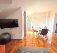 Interiér rekreačního apartmánu s podlahou s dřevěným dekorem a jídelním stolem.