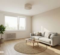 Obývací pokoj v 1-pokojovém bytě s pohovkou, dřevěnou podlahou a velkým oknem.