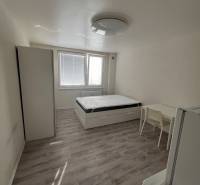 Garsonka s postelí, skříní, stolem a podlahou s dřevěným dekorem.