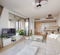 Obývací pokoj třípokojového bytu s pohovkou, TV, světlými závěsy a podlahou s dřevěným dekorem.