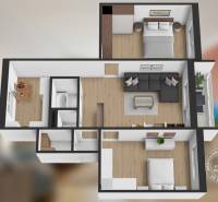 3pokojový byt s podlahou s dřevěným dekorem, prostorný obývací pokoj, dvě ložnice.