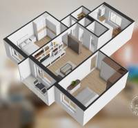 Půdorys zobrazuje 3-pokojový byt s podlahou s dřevěným dekorem a balkonem.