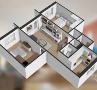 3pokojový byt s podlahou s dřevěným dekorem a prostorným interiérem.