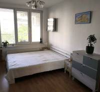 Ložnice v 2-pokojovém bytě s postelí, komodou a podlahou s dřevěným dekorem.