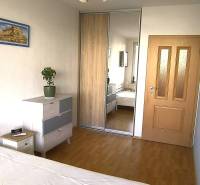 Ložnice s vestavěnou skříní, dřevěný dekor podlahy, skříňka, postel, lustr, rostlina.