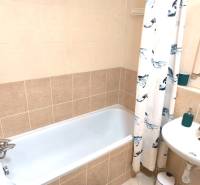 Koupelna v 2-pokojovém bytě s vanou, umyvadlem a koupelnovými obklady.