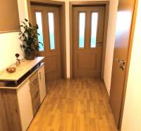 Chodba v 2-pokojovém bytě s podlahou s dřevěným dekorem a dřevěným nábytkem.