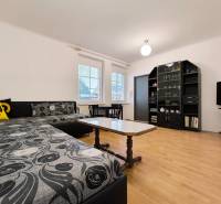 Obývací pokoj v rodinném domě s pohovkou, poličkami, televizorem a podlahou s dřevěným dekorem.