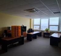 Interiér kanceláře se třemi psacími stoly, rostlinami a výhledem přes velká okna.