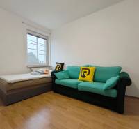 Pokoj s pohovkou a postelí, podlaha s dřevěným dekorem, rodinný dům.