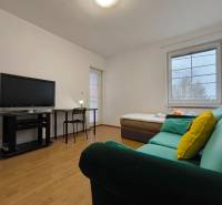 Obývací pokoj v rodinném domě s pohovkou, televizí, stolkem a podlahou s dřevěným dekorem.