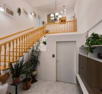 V interiéru rodinného domu se nachází dřevěné schodiště, rostliny a svítidla.