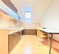 Kanceláře s kuchyní a jídelním stolem, světlá podlaha s dřevěným dekorem.