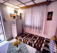 Interiér chaty s lednicí, gaučem, stolem a výhledem do zahrady.