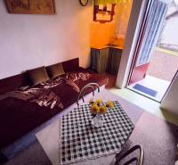 Interiér chaty s pohovkou, jídelním stolem a otevřenými dveřmi do zahrady.