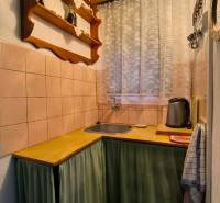 Kuchyňka v chatě s dřevěným dekorem, poličkou a závěsem u okna.