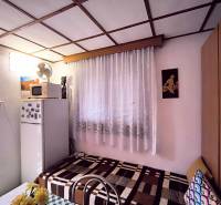 Chata s jednoduchým interiérem, gaučem, ledničkou, mikrovlnkou a květinovou výzdobou.