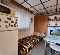 Malá kuchyně na chatě s laděním do dřevěného dekoru, jídelním stolem a lednicí.