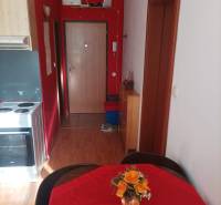 1-pokojový byt s výraznými červenými stěnami a podlahou s dřevěným dekorem.