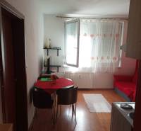 Obývací část 1-pokojového bytu s podlahou s dřevěným dekorem, stolem a židlemi.