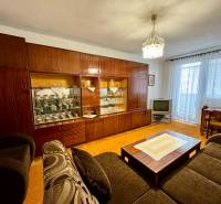 Obývací pokoj s rustikální obývací stěnou a TV v 3-pokojovém bytě.