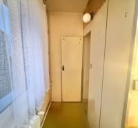 Úzká chodba v 3-pokojovém bytě s podlahou a bílými dveřmi.