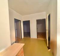 Chodba v 3-pokojovém bytě se světlými stěnami a třemi dveřmi, podlaha s dřevěným dekorem.