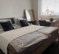 Ložnice v dvoupokojovém bytě s postelí, psacím stolem a podlahou s dřevěným dekorem.