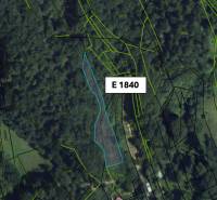 Letecký pohled na zemědělské a lesní pozemky v Malachově se zobrazenými parcelami.