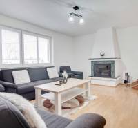 Obývací pokoj ve 4pokojovém bytě s krbem a podlahou s dřevěným dekorem.