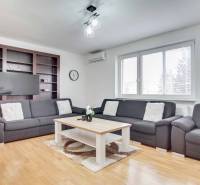 Obývací pokoj ve 4pokojovém bytě s pohovkou, konferenčním stolkem a podlahou s dřevěným dekorem.