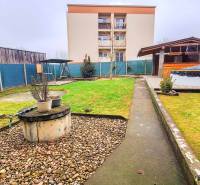 Zahrada u 4pokojového bytu v Kolte se zelení, kůlnou a venkovním krytým posezením.