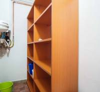 Úložný prostor s policemi a umyvadlem ve 4-pokojovém bytě.