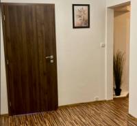 Vstupní hala ve 3-pokojovém bytě se vzorovanou podlahou s dřevěným dekorem a jednoduchou výzdobou.