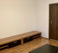 Obývací pokoj s podlahou s dřevěným dekorem v 3-pokojovém bytě, světlé stěny, dřevěný nábytek.