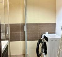 Koupelna se sprchovým koutem a pračkou v 3-pokojovém bytě.